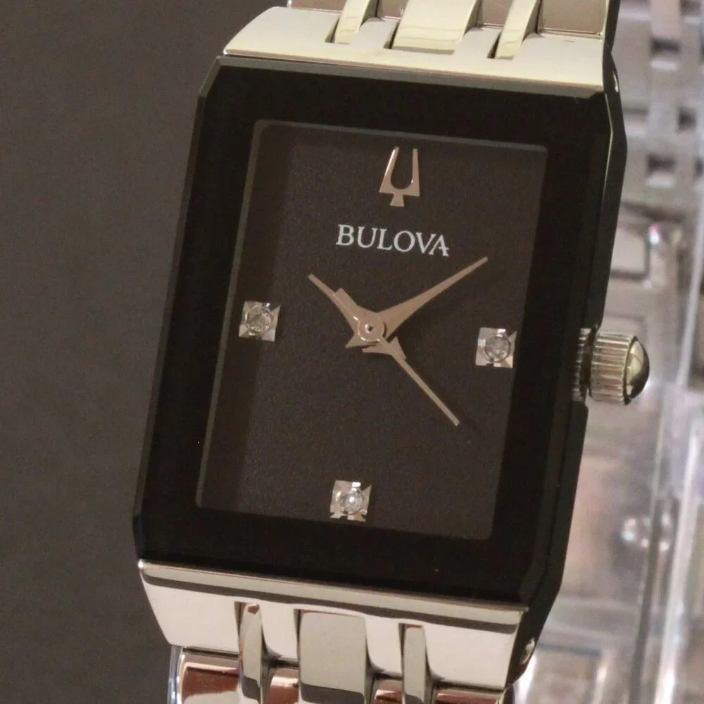 Bulova Ladies Quadra Watch Diamond Indices Black Dial Stainless 20mm